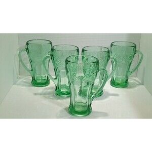 Vintage Libbey Coca-Cola Heavy Green Handled Glasses 14oz Mugs (Set Of 5)